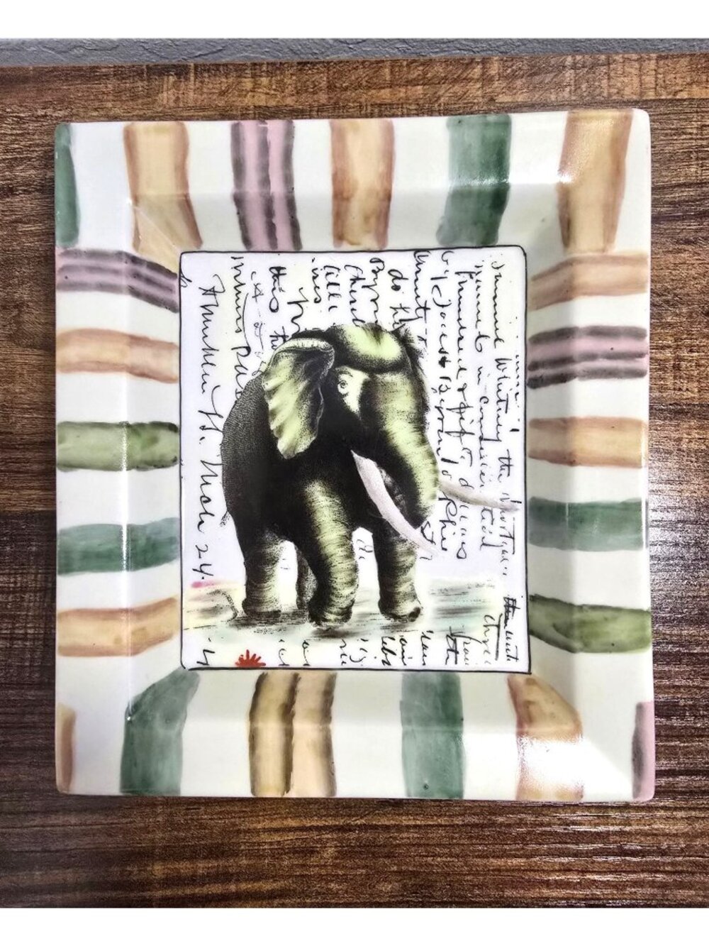 John Derian Hand-Painted Ceramic Elephant Desk Tray Catchall With Striped Border